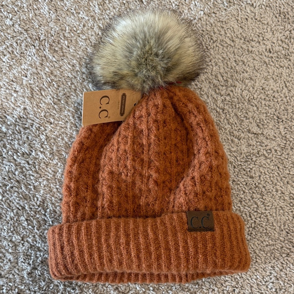 C.C Cinnamon Knit Beanie with Faux Fur Pom